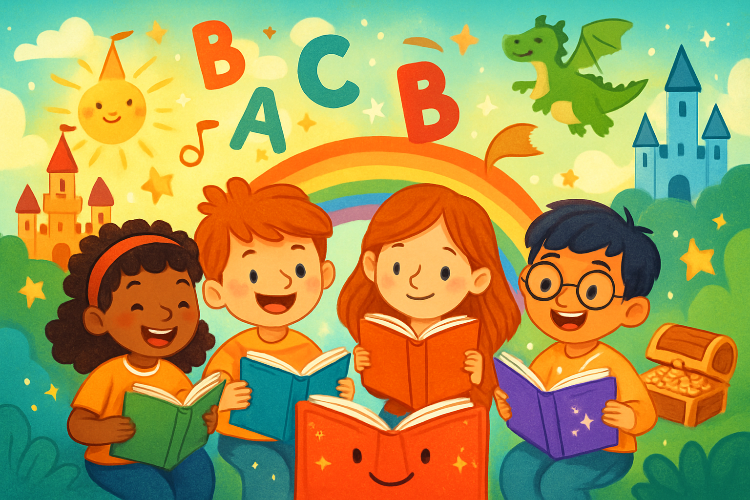 Children reading colorful books with magical elements